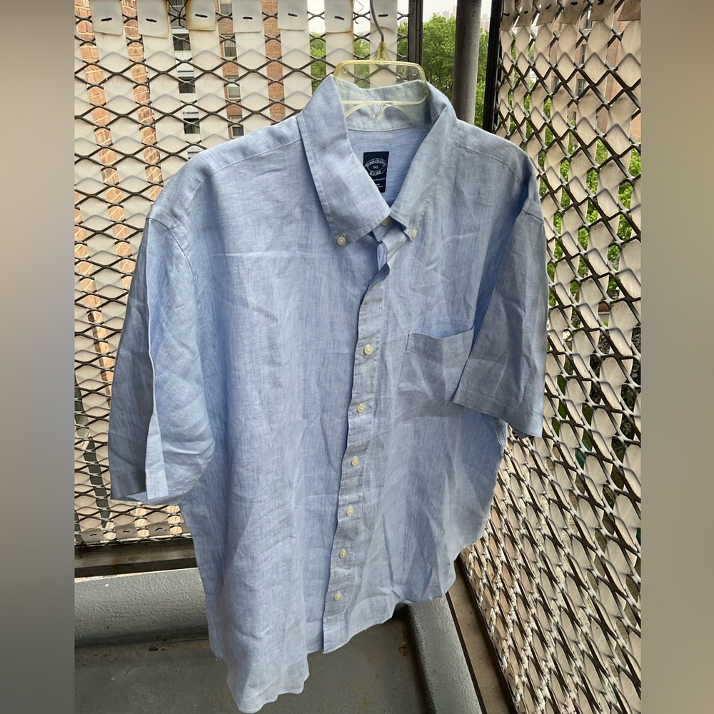 Brooks Brothers Short-Sleeve Linen Shirt- BLUE